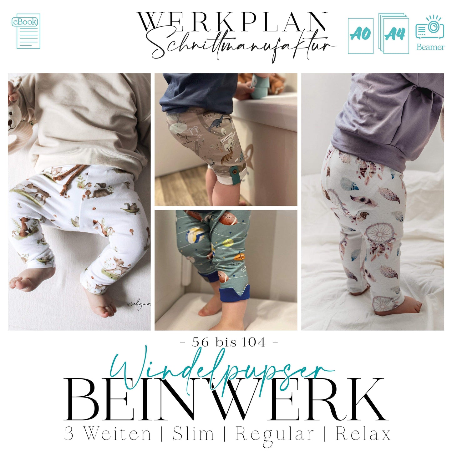 BEINWERK Leggings | Windelpupser in 3 Weiten | Größe 56 bis 104 | A0 & A4 | Beamer