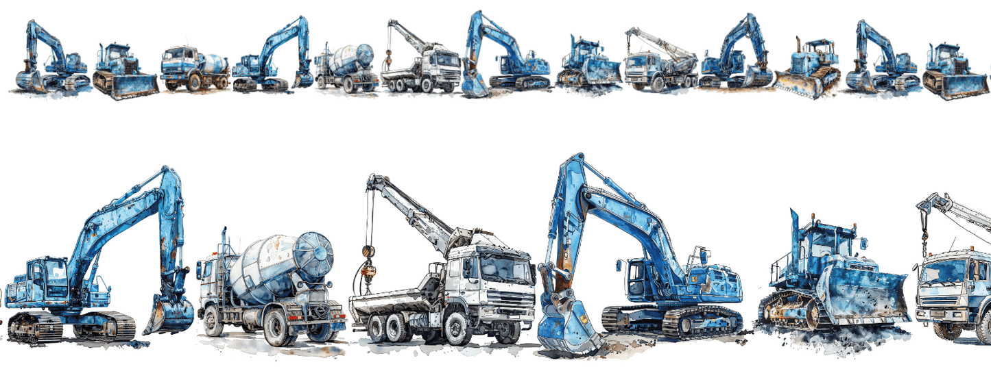 Blaue Baucrew | XXL Bügelbild Bordüre | Kräne & Betonmischer