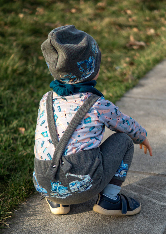 Blaue Baucrew | XXL Bügelbild Bordüre | Kräne & Betonmischer