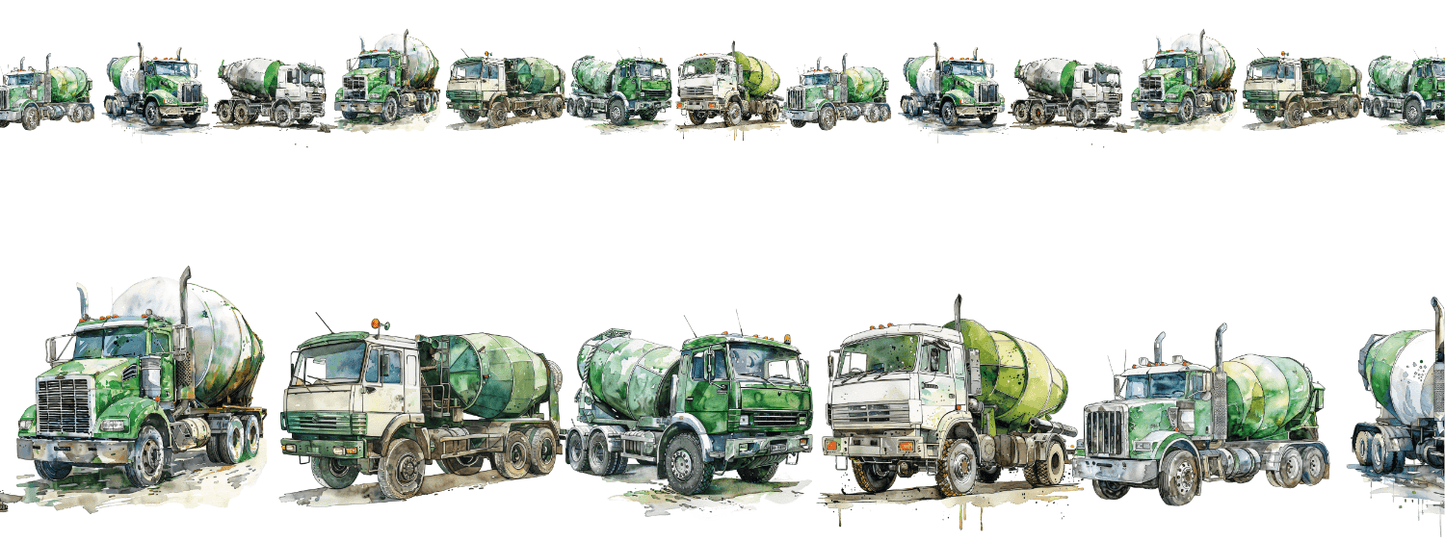 Betonprofis in Grün | XXL Bügelbild Bordüre | Oldschool-Mischer unterwegs