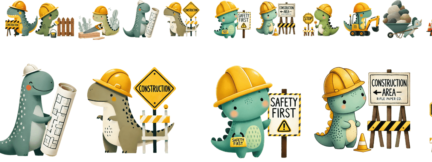 Dino-Baustelle | XXL Bügelbild Bordüre | Kleine Bauhelfer mit Helm