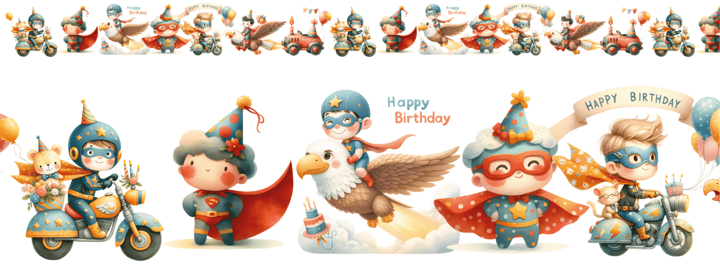 BIRTHDAY HEROES | XXL Bügelbild Bordüre | Fantasievolle Geburtstags-Abenteuer