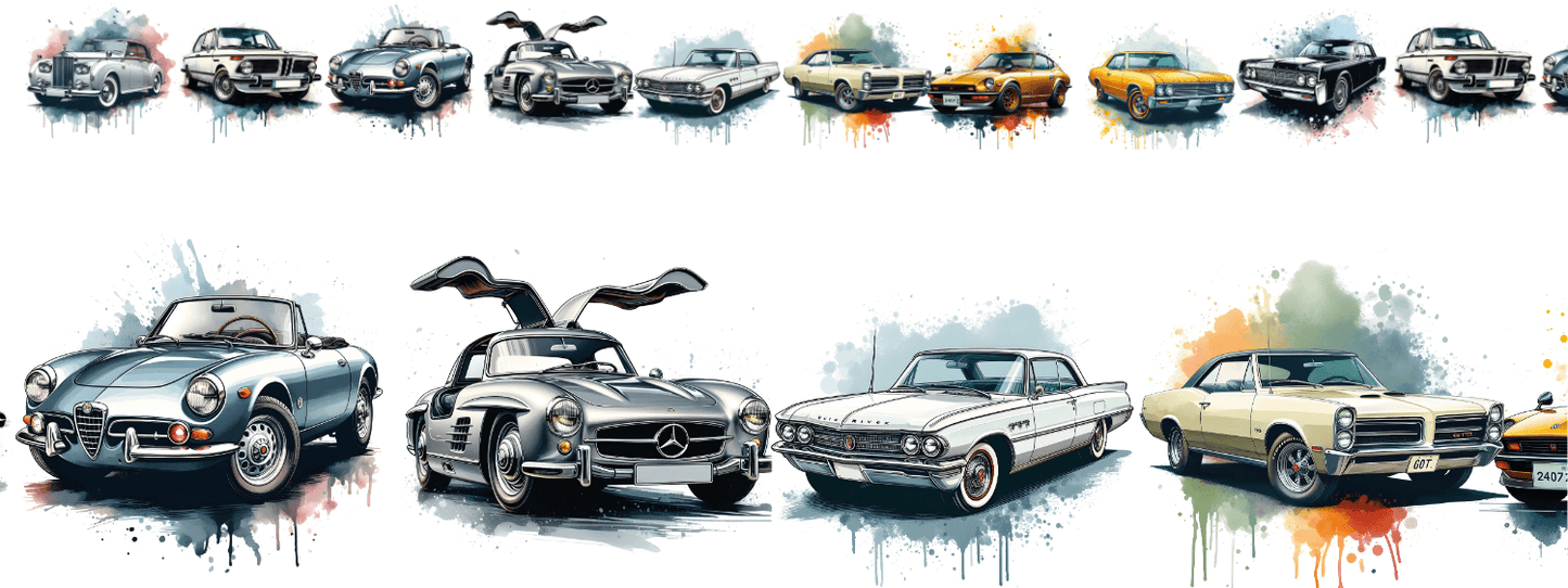 Classic Cars Ice | XXL Bügelbild Bordüre | Oldtimer in Silber, Creme & Pastell