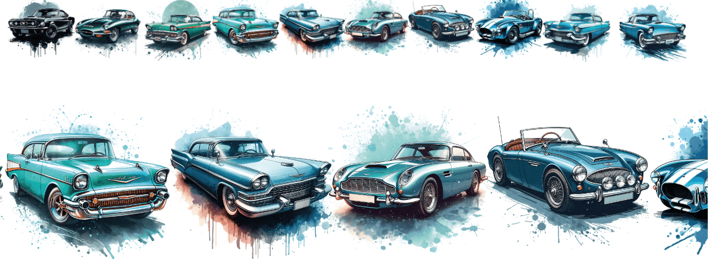 Classic Cars Ocean | XXL Bügelbild Bordüre | Retroflitzer in Blau & Türkis
