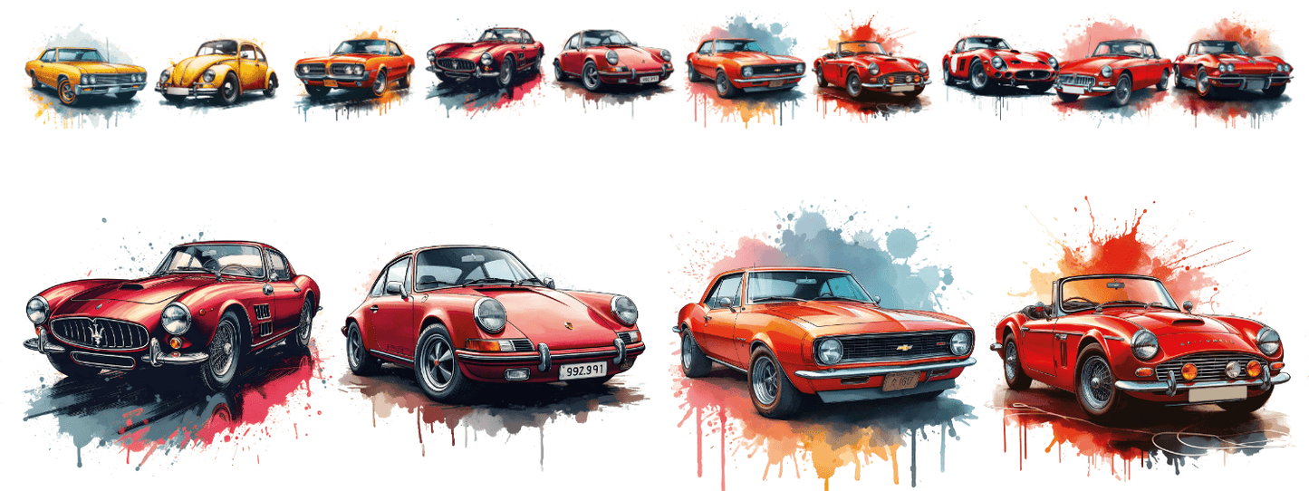 Classic Cars Sunset | XXL Bügelbild Bordüre | Oldtimer in Gelb, Orange & Rot