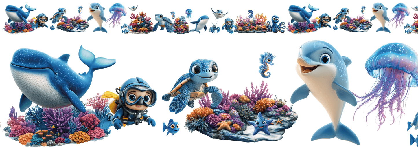 OCEAN FRIENDS | XXL Bügelbild Bordüre | Delfine, Schildkröten & Korallen