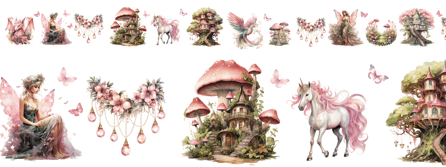 FAIRY GARDEN | XXL Bügelbild Bordüre | Zauberhafte Feenwelt in Pastellrosa