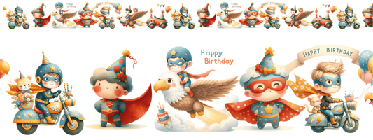 BIRTHDAY HEROES | XXL Bügelbild Bordüre | Fantasievolle Geburtstags-Abenteuer