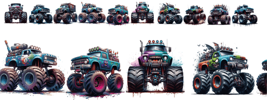 Monstertruck Crew | XXL Bügelbild Bordüre | Powertrucks in Neon & Chrome